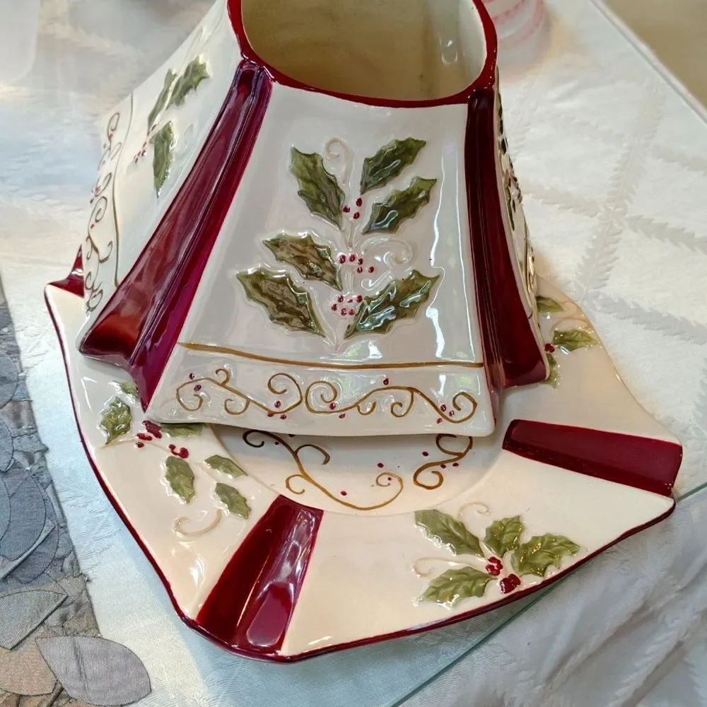 XL Yankee Candle Ceramic Candle Shade and Plate Set  Holly Burgundy Y1